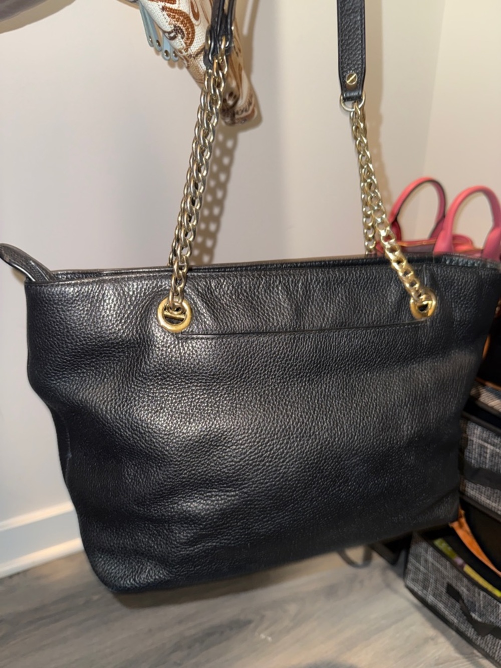 Michael Kors Black Pebbled Leather Tote with Gold Chain Straps - Picture 2 of 5